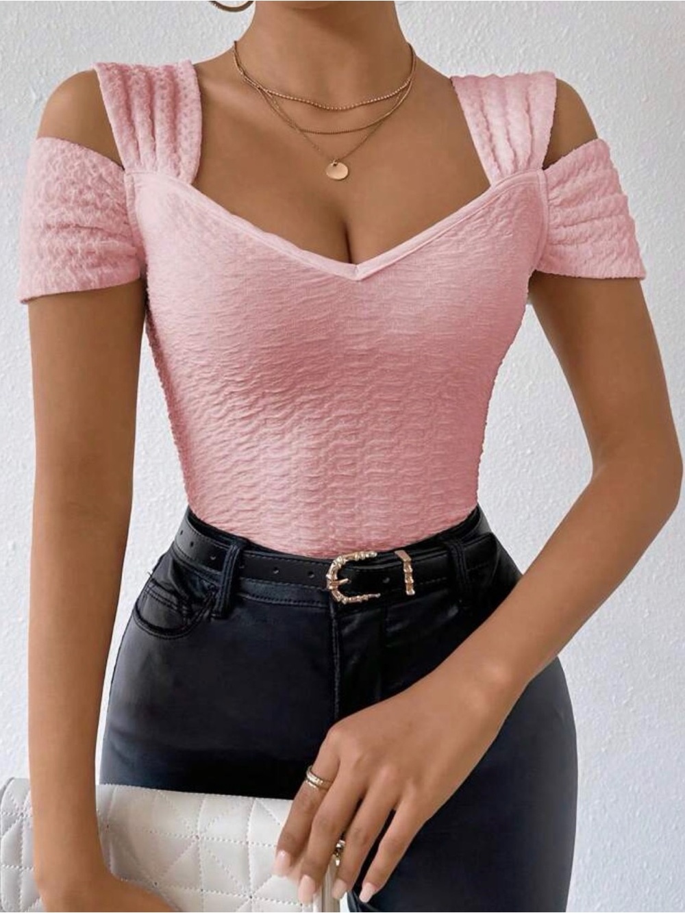 SHEIN Pink Textured Off-Shoulder V-Neck Top